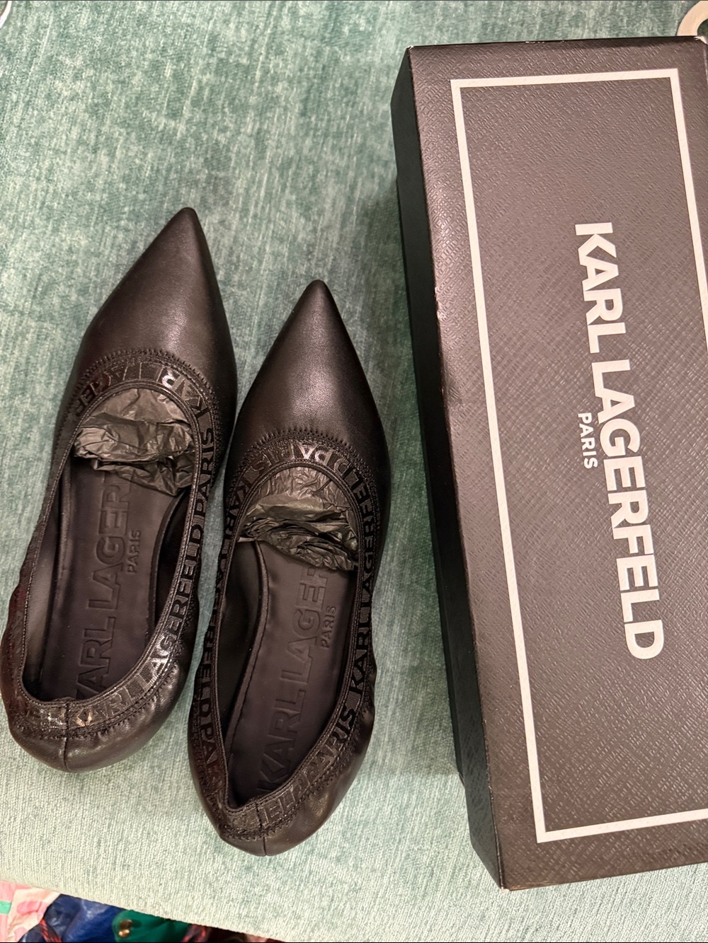 Karl Lagerfeld Black Pointed Leather Ballet Flats